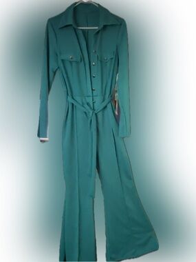 VTG Teal Collard jumpsuit crepe satin Sz S
 70s Disco glam Retro Sophisticated